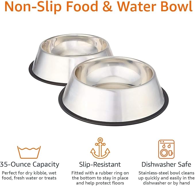 Stainless Steel Dog Bowls 2-Pack | Non-Slip Pet Food and Water Dishes for Medium to Large Dogs, 10 Inch