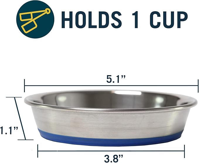 Our Pets Stainless Steel Non-Slip (Cat Food Bowl or Water Bowl) (Holds up to 1 Cup of Wet or Dry Food) Easy to Clean