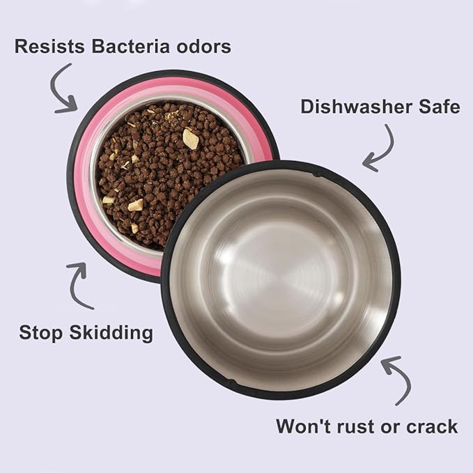 Stainless Steel Dog Bowls, Food and Water Non Slip Anti Skid Stackable Pet Puppy Dishes for Small, Medium and Large Dogs (2 Pack)