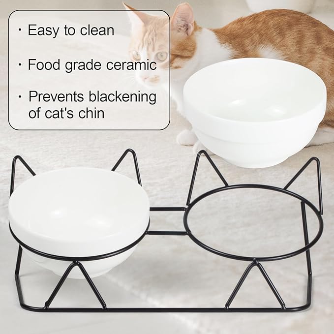 Elevated Tilted Cat Bowls for Indoor Cats，Raised Ceramic Cat Bowl Elevated 15°,Pet Feeding Bowls for Food and Water Anti Vomiting Bowl(Double Ceramics and Tilt Shelf) Suitable