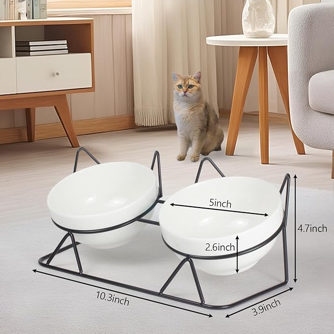 Elevated Tilted Cat Bowls for Indoor Cats，Raised Ceramic Cat Bowl Elevated 15°,Pet Feeding Bowls for Food and Water Anti Vomiting Bowl(Double Ceramics and Tilt Shelf) Suitable