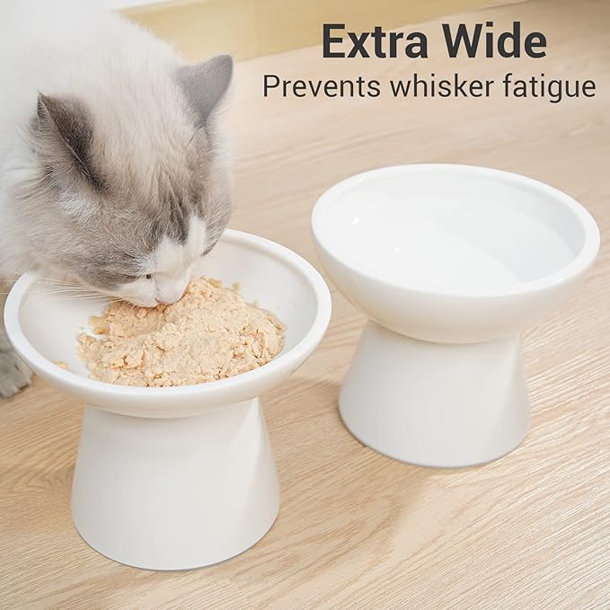 2 Elevated Ceramic Cat Bowls Extra Wide for Food & Water – Whisker Fatigue Shallow Food Dish, Lead & Cadmium-Free, Raised Height for Cats and Dogs, Two Different Depth Bowls, White